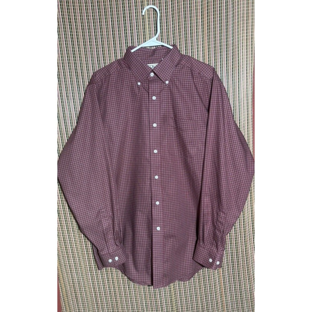 LL Bean Button Front Shirt Mens Medium Maroon Check Gingham Cotton ID 0 MT78